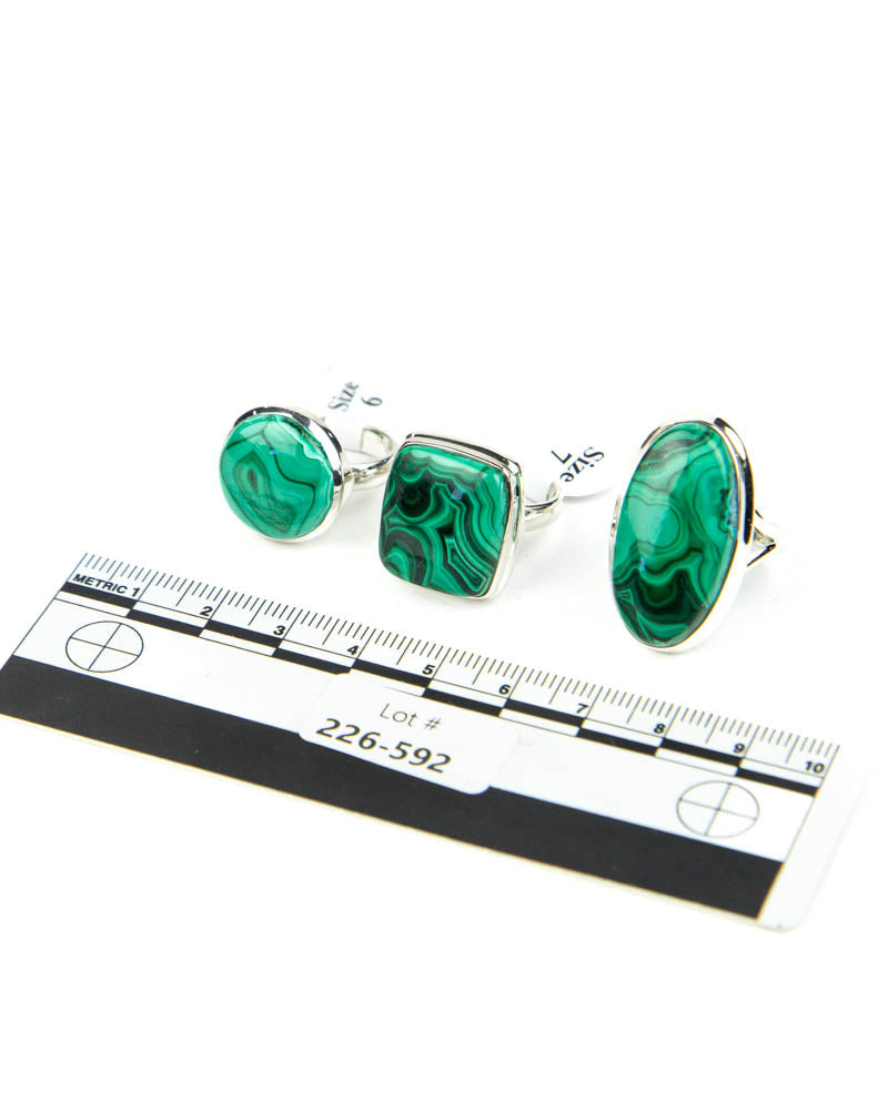 Bulls Eye Malachite Sterling Rings - 3 pcs  (#226592)